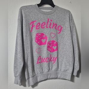 No Boundaries Gray Sweatshirt with Feeling Lucky and Dice Graphic Print